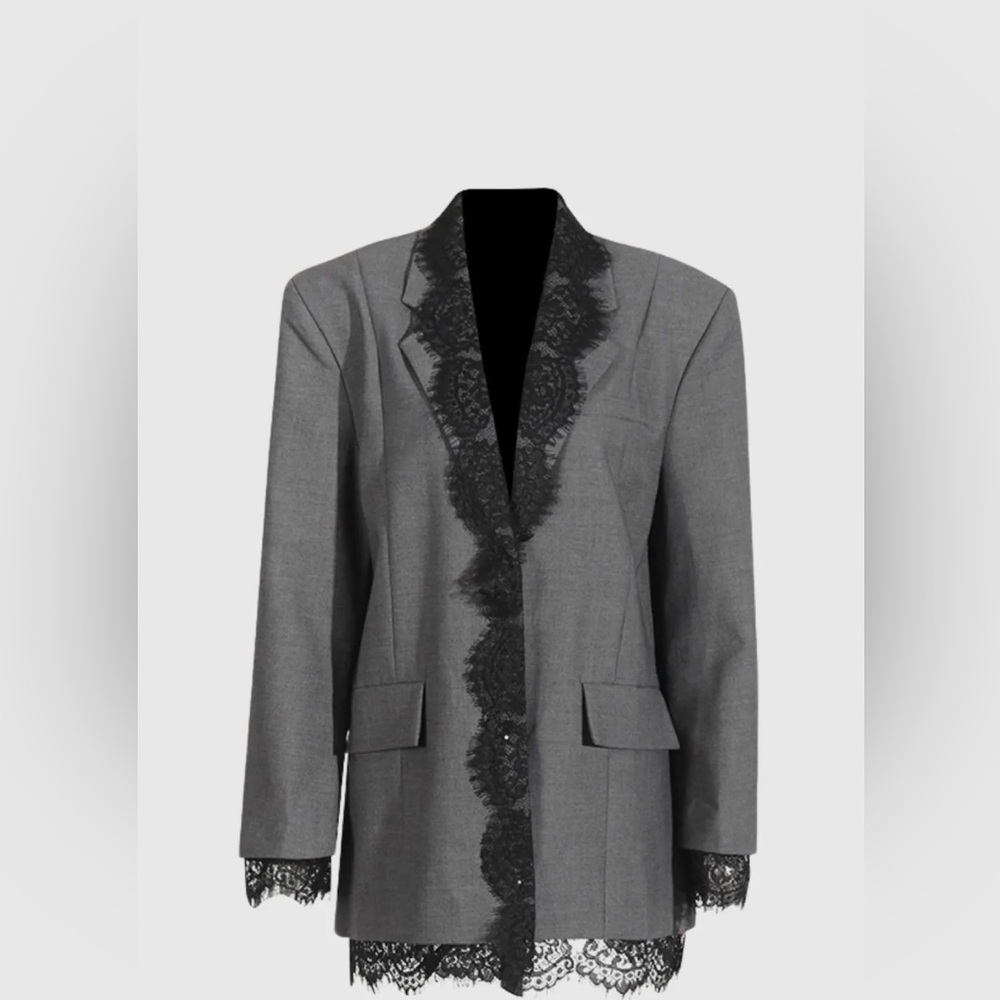 Chic Gray Women's Blazer with Black Lace Trim